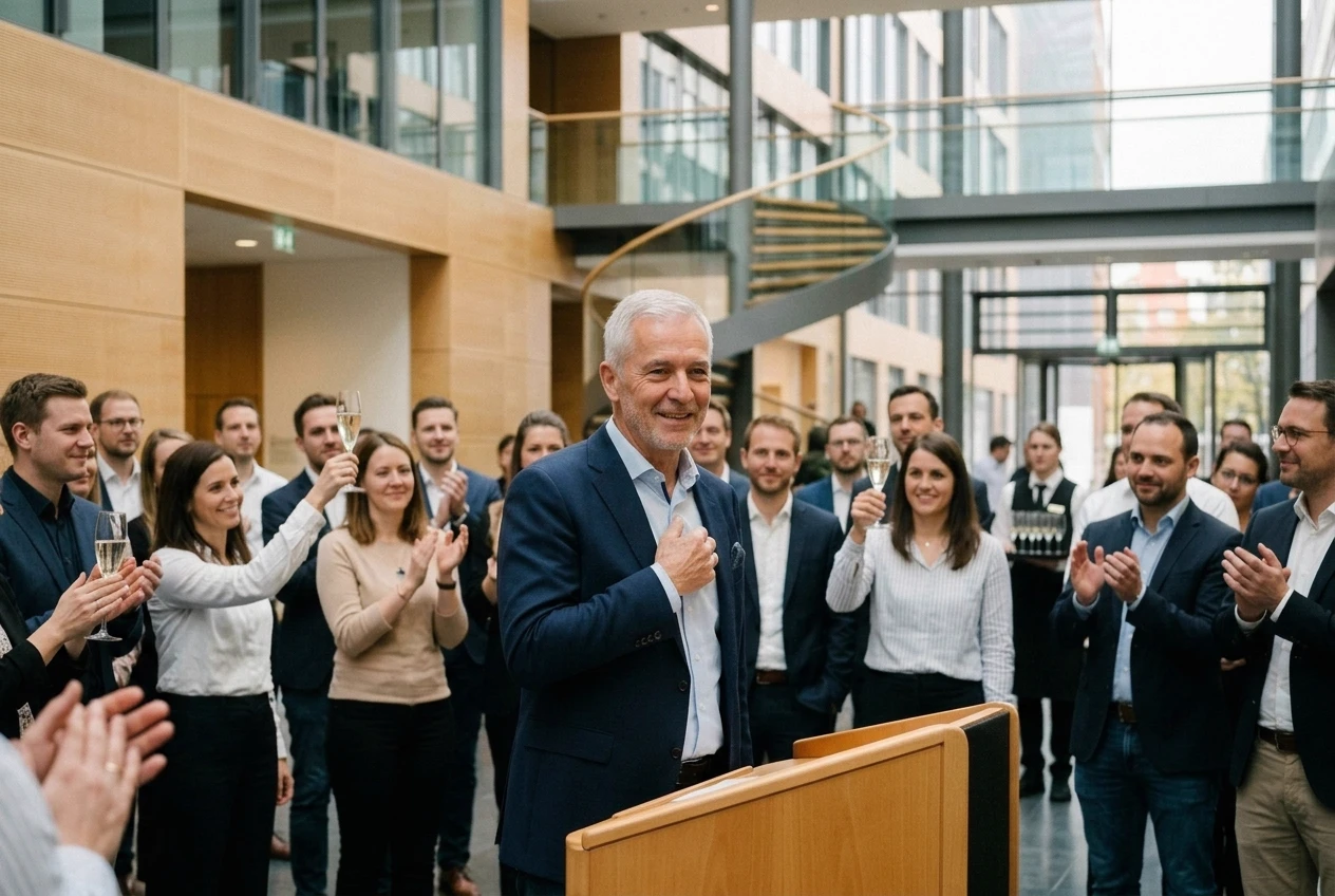 Kollegium und Freunde applaudieren herzlich und stoßen mit Champagner auf die gelungene Abschiedsrede an