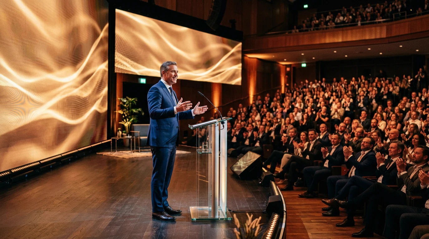 Tagungsleiter hält vor voll besetztem Konferenzsaal die inspirierende Abschlussrede unter begeistertem Beifall