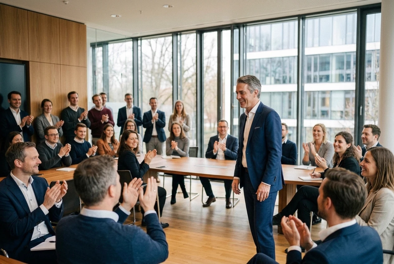 Begeistertes Team applaudiert der neuen Führungskraft nach der Antrittsrede im modernen Konferenzraum