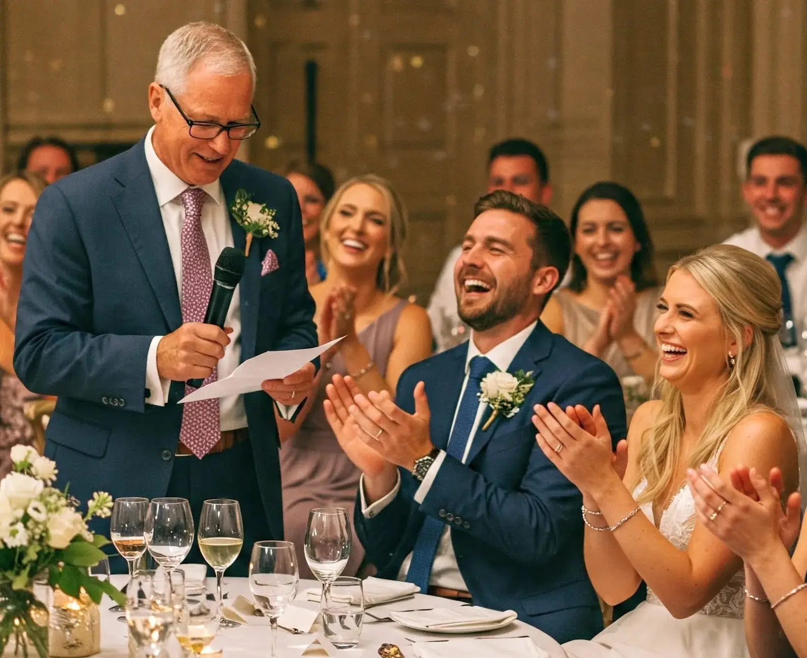 Ein Vater hält eine Rede auf einer eleganten Hochzeit