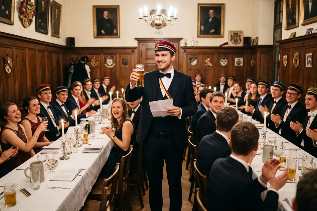 Junger Couleurstudent mit Mütze und Band erhebt beim Kommers sein Bierglas, die Damen an der Festtafel lachen und applaudieren