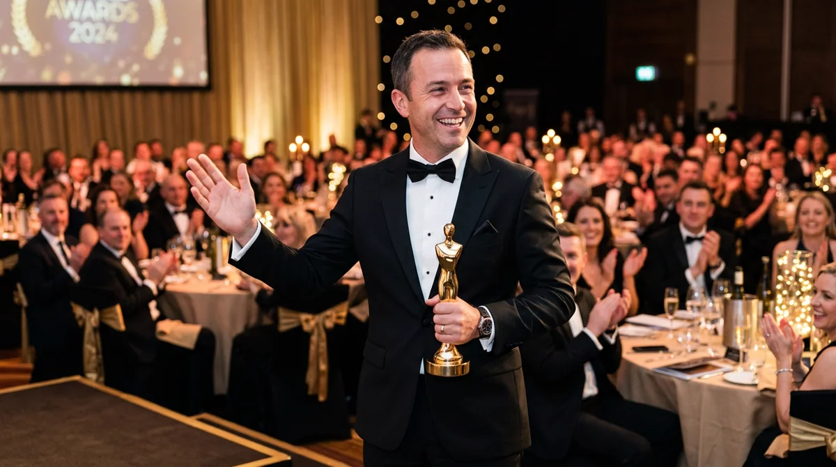 Glücklicher Preisträger im Smoking hält die goldene Trophäe unter tosendem Beifall des Saals