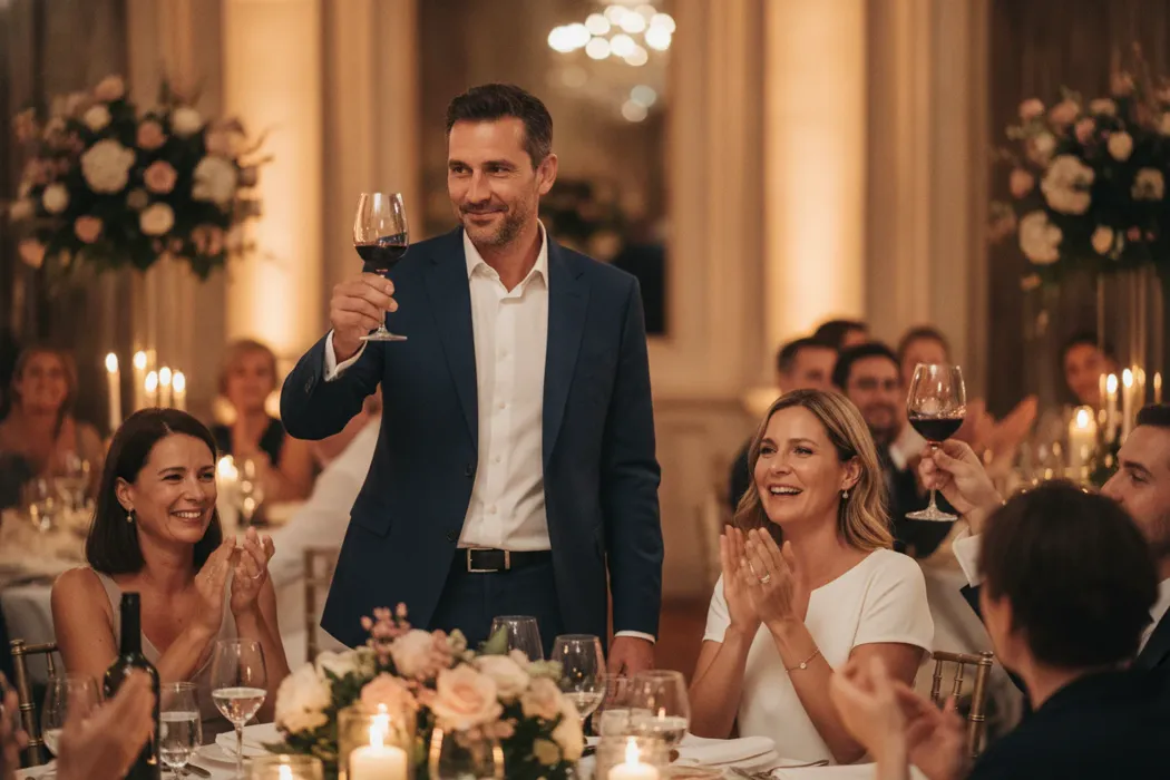 Ehemann erhebt am Ende seiner Rede das Glas auf seine Frau, sie und die Gäste am festlichen Tisch lachen und applaudieren