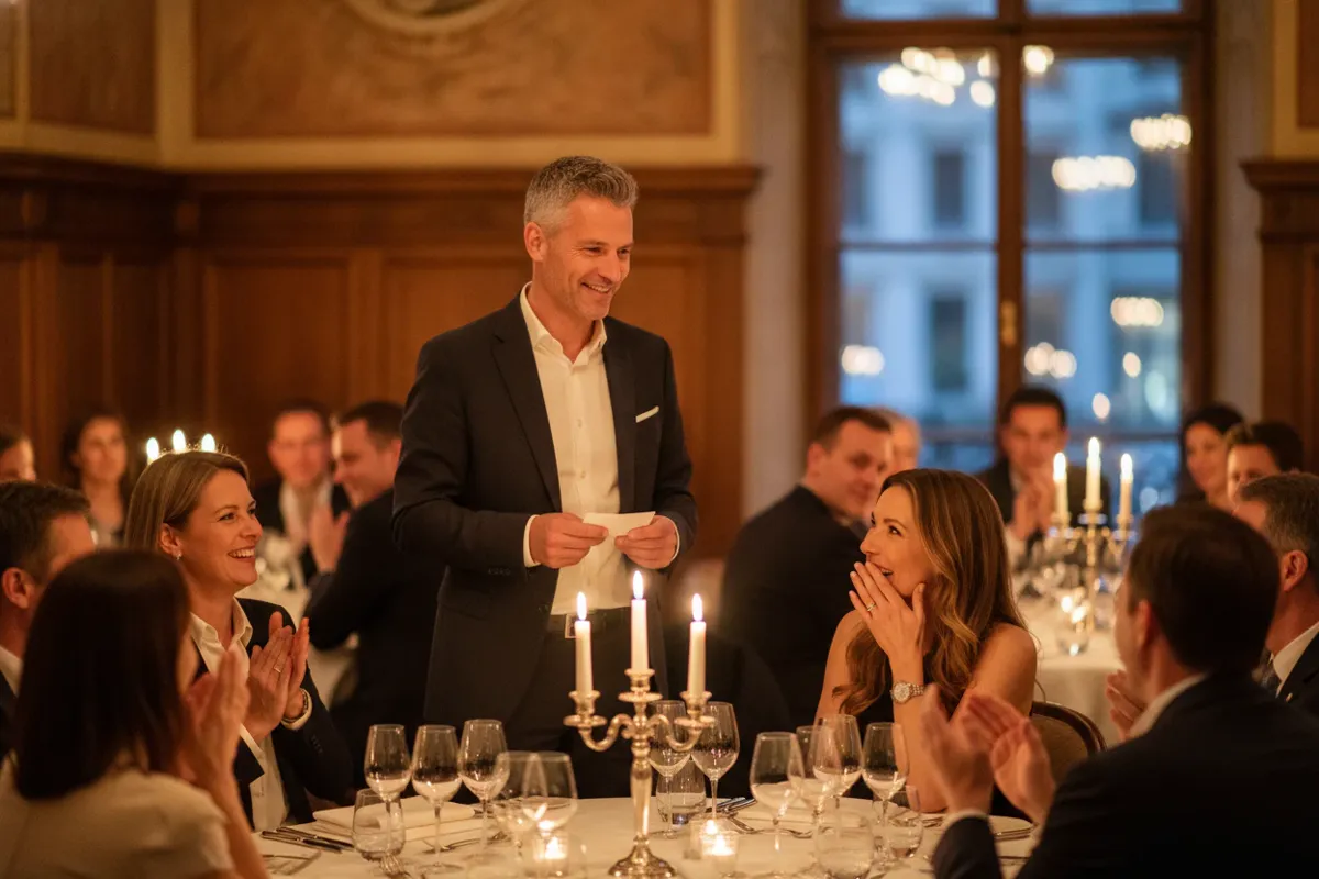 Ehemann hält mit Manuskript die Rede zum Geburtstag seiner Frau, sie hält sich gerührt die Hand vor den Mund