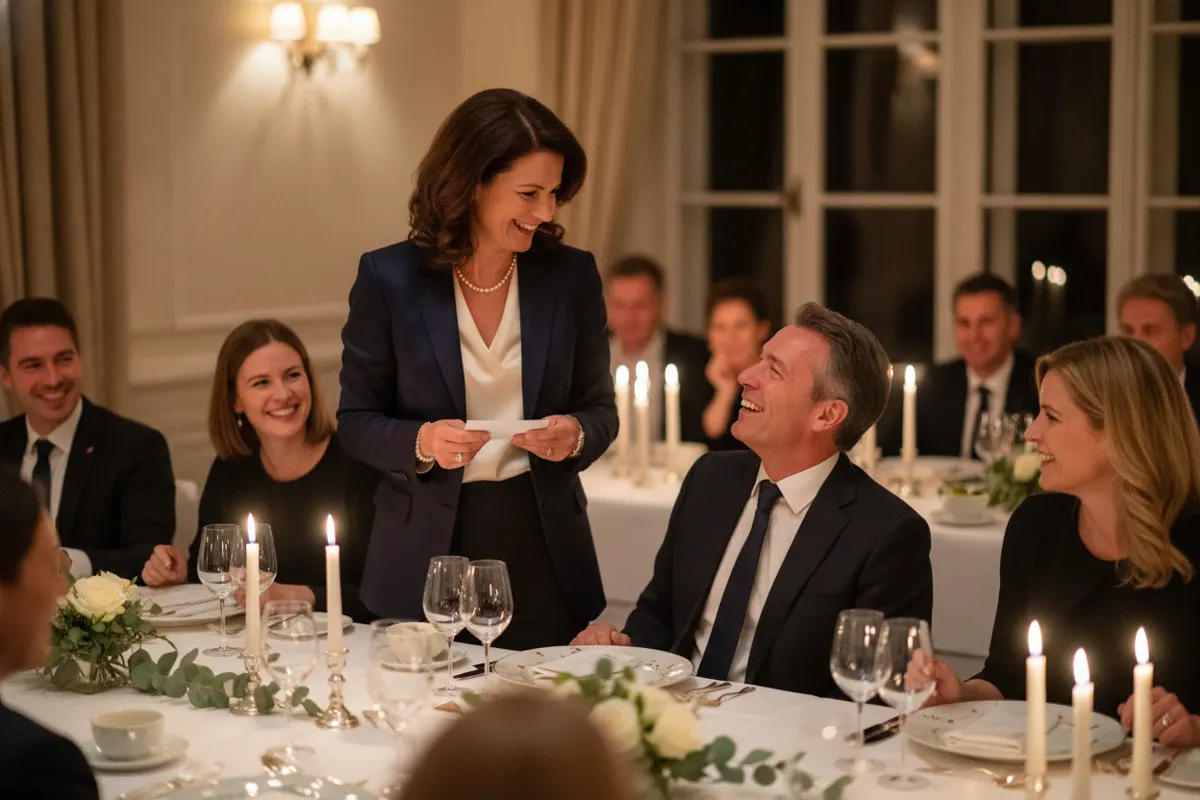 Ehefrau steht mit Manuskript am festlichen Tisch und hält die Rede zum Geburtstag ihres Mannes, der herzlich lacht
