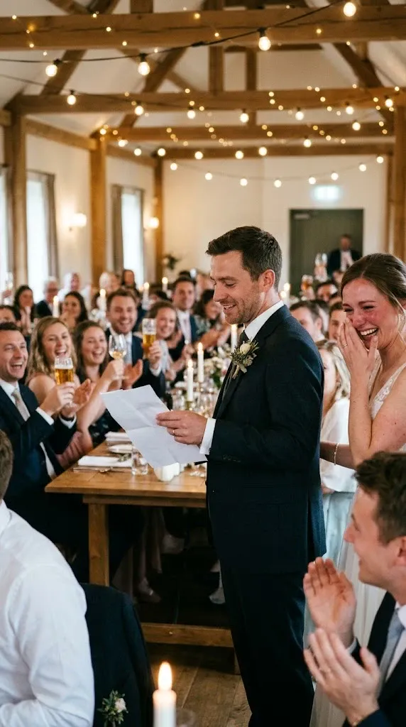Hochzeitsrede Bräutigam Hochzeitsrede Bräutigam: Die Gäste lachen und klatschen, die Braut weint vor Freude