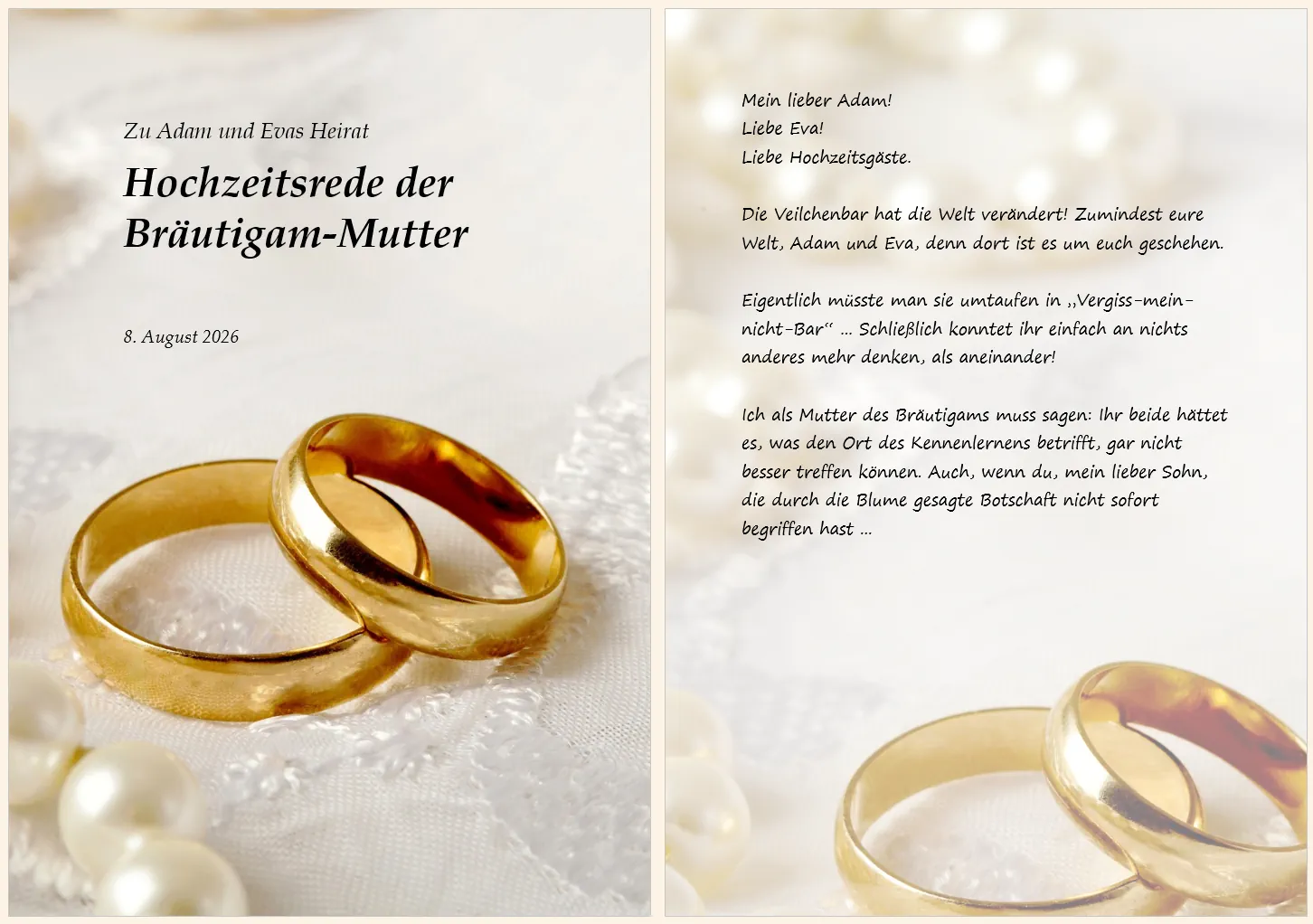 Hochzeitsrede als Mutter des Bräutigams gedruckt