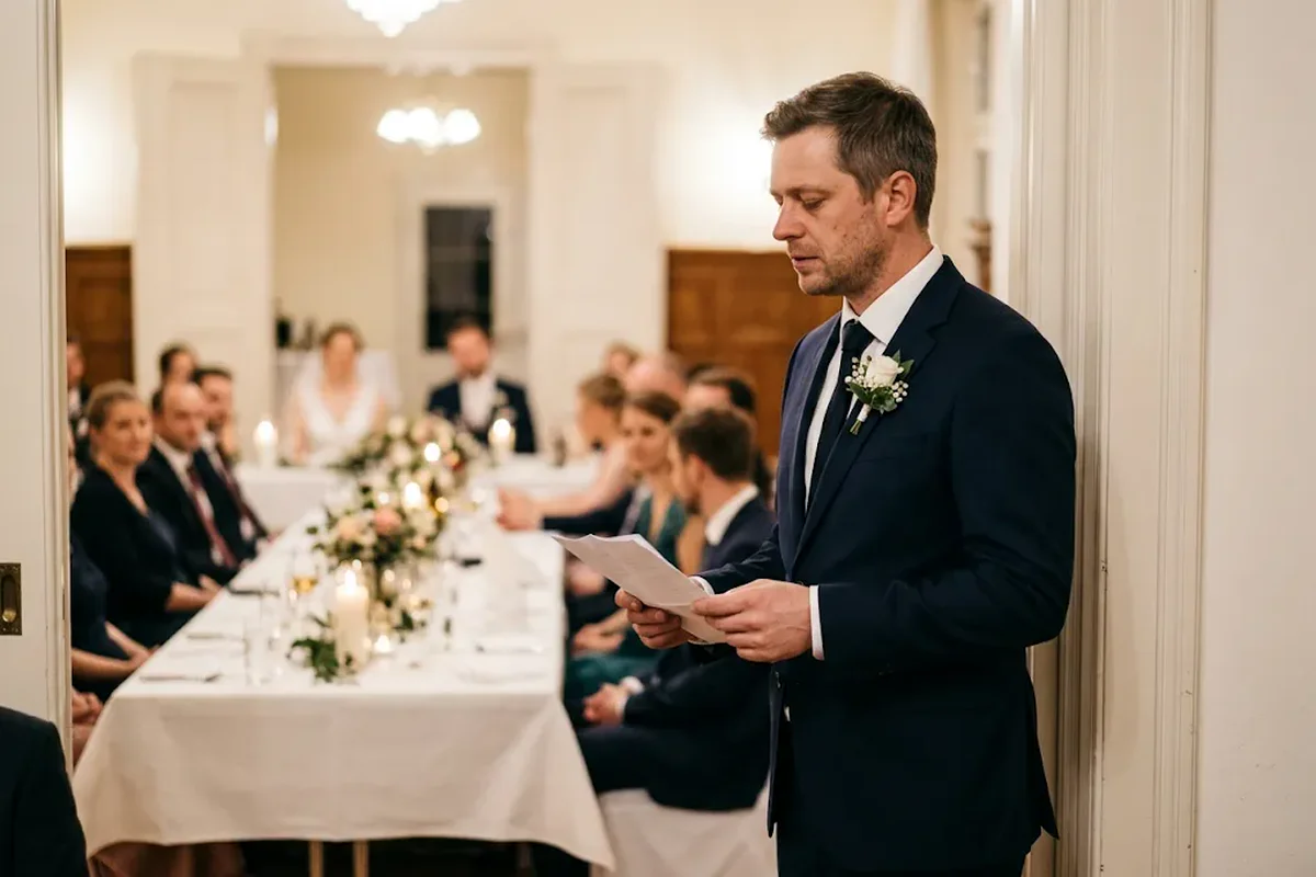 Bräutigam steht in der Saaltür und liest kurz vor seiner Rede konzentriert sein Manuskript, hinter ihm die festliche Hochzeitstafel