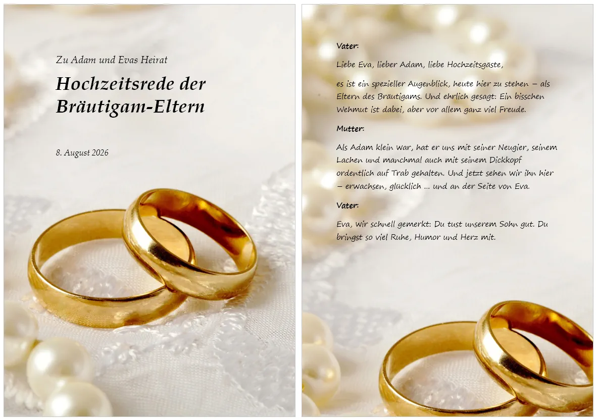 Hochzeitsrede der Bräutigameltern als edler Schmuckdruck auf Festtisch
