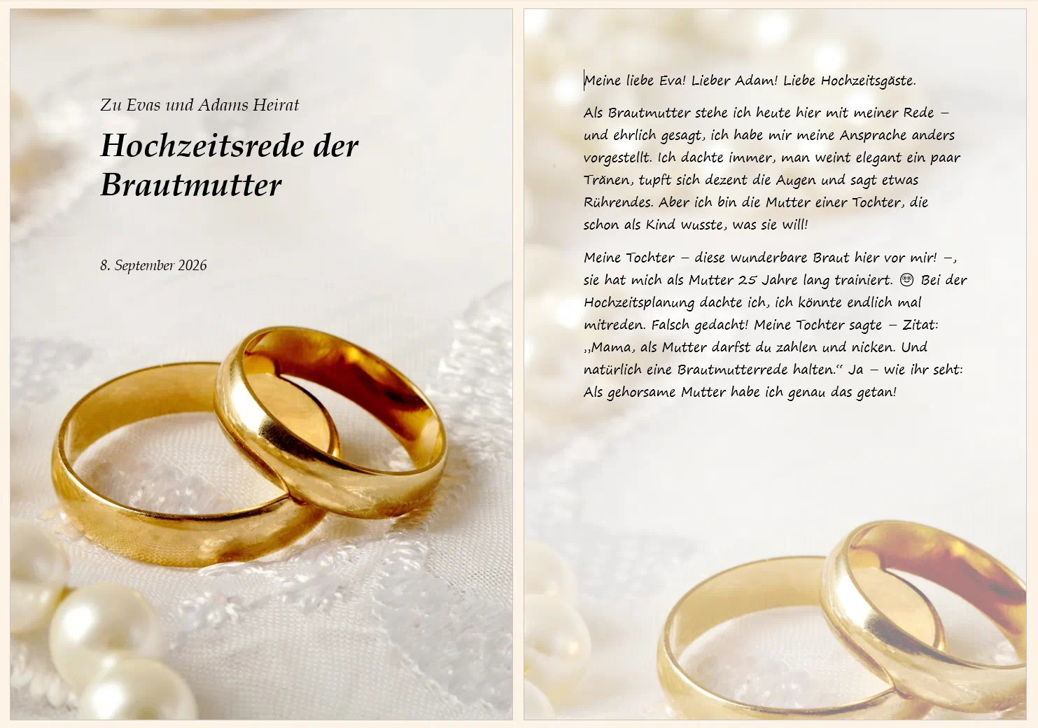 Gedruckte Redekarten und Schmuckdruck als Geschenk für Braut und Bräutigam