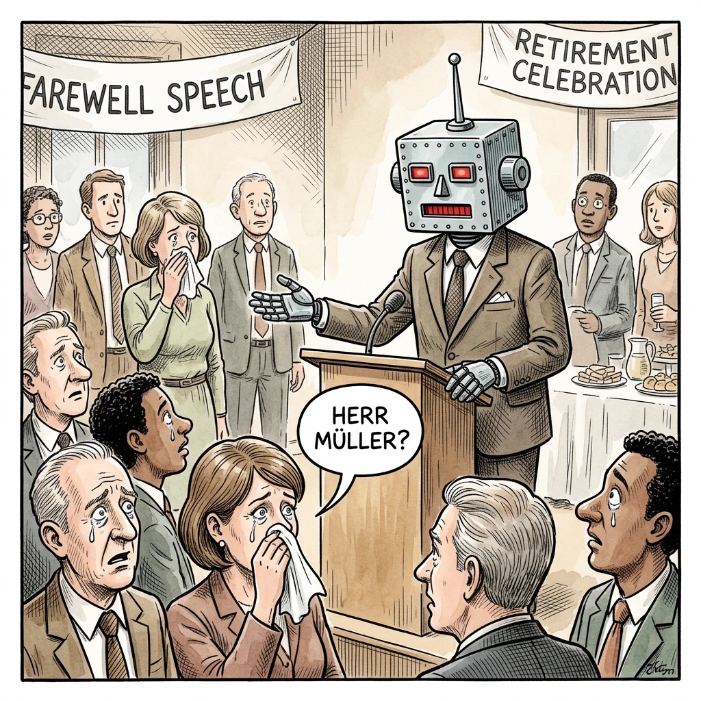 Karikatur: Ein Roboter hält als scheidender Kollege die Abschiedsrede, die Kollegen fragen entsetzt „Herr Müller?“