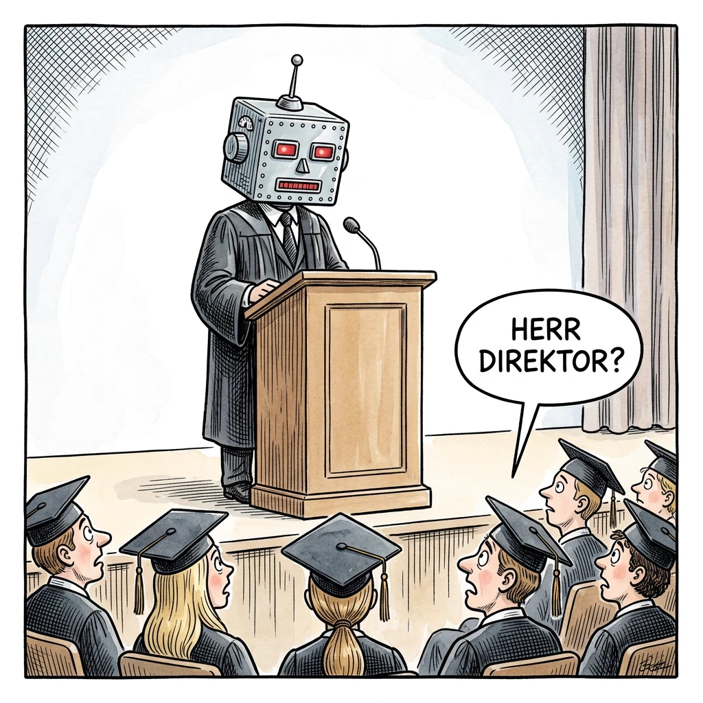Karikatur: Ein Roboter hält im Talar die Abschlussrede, die Absolventen fragen entsetzt „Herr Direktor?“