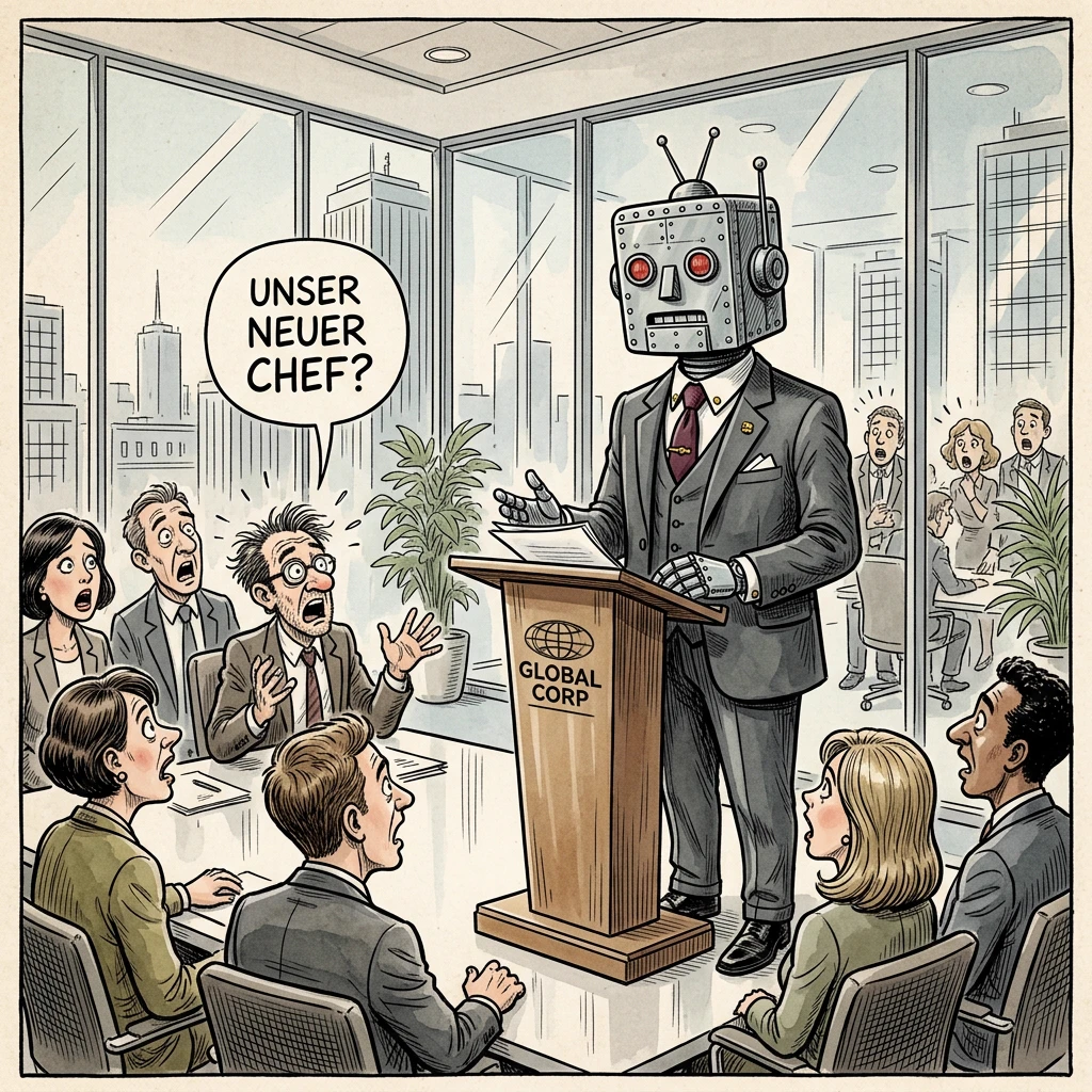 Karikatur: Ein Roboter hält als neue Führungskraft die Antrittsrede, das Team fragt entsetzt „Unser neuer Chef?“