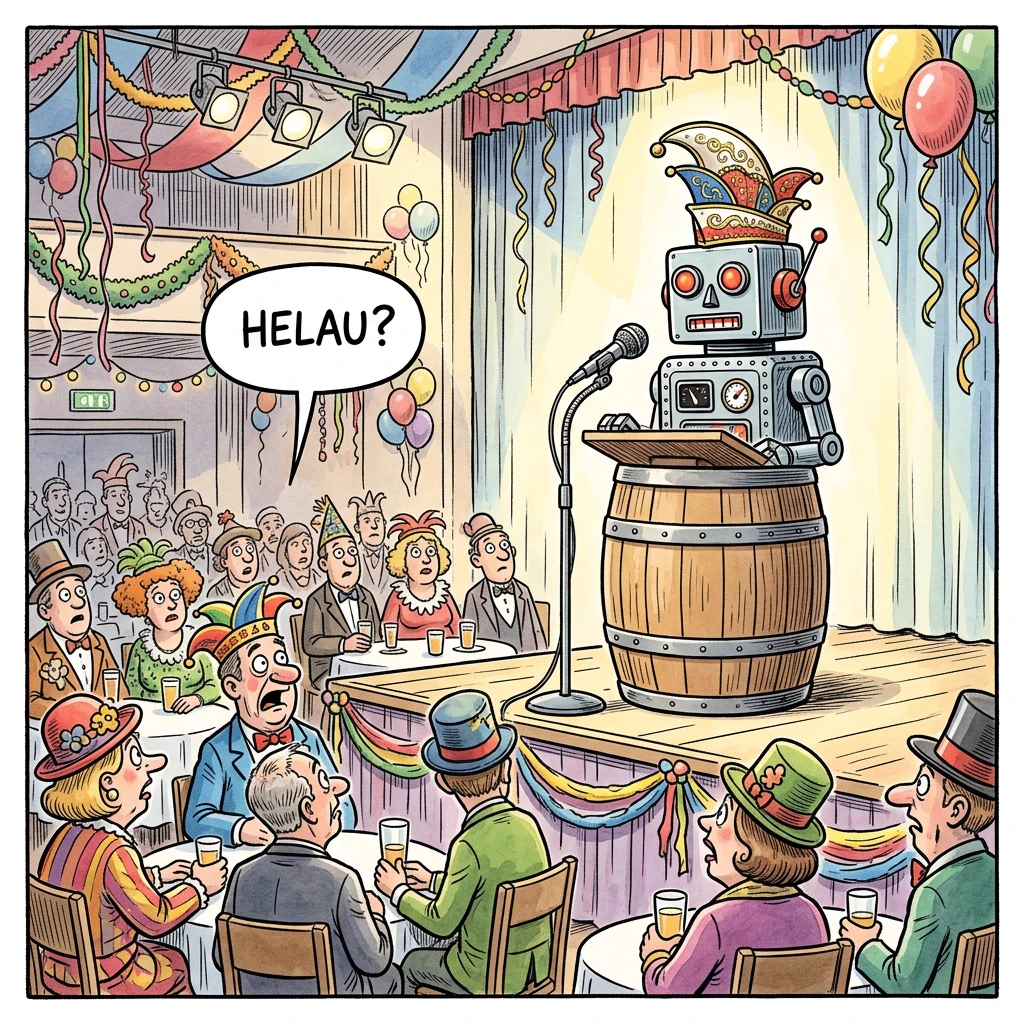 Karikatur: Ein Roboter mit Narrenkappe hält die Büttenrede in der Bütt, das Publikum fragt entsetzt „Helau?“
