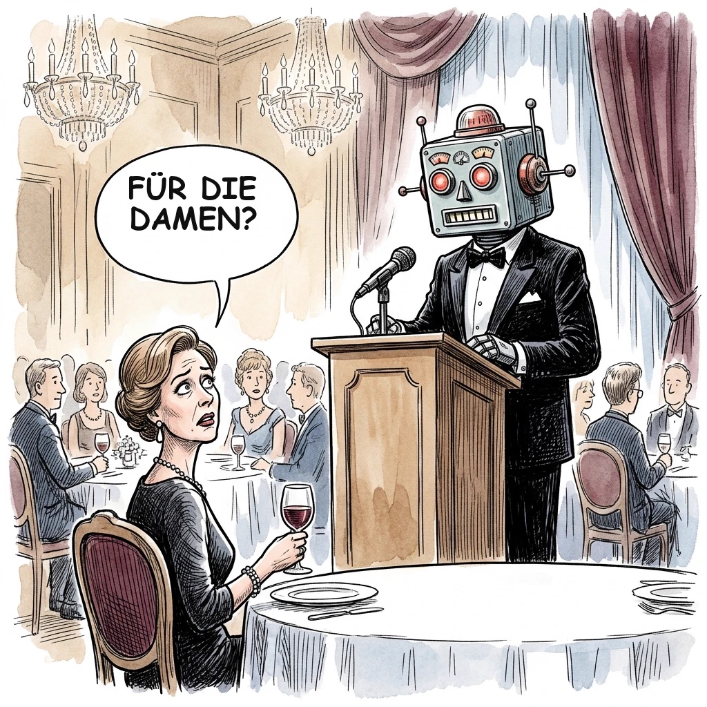 Karikatur: Ein Roboter im Smoking hält am Rednerpult die Damenrede, eine Dame am Festtisch fragt entsetzt „Für die Damen?“