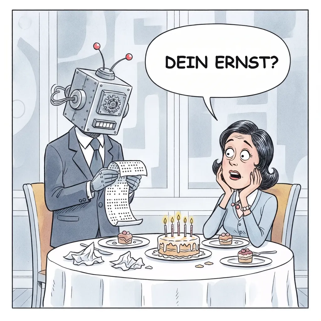 Karikatur: Ein Roboter liest am Geburtstagstisch eine Rede vom Endlospapier, die Ehefrau fragt entsetzt „Dein Ernst?“