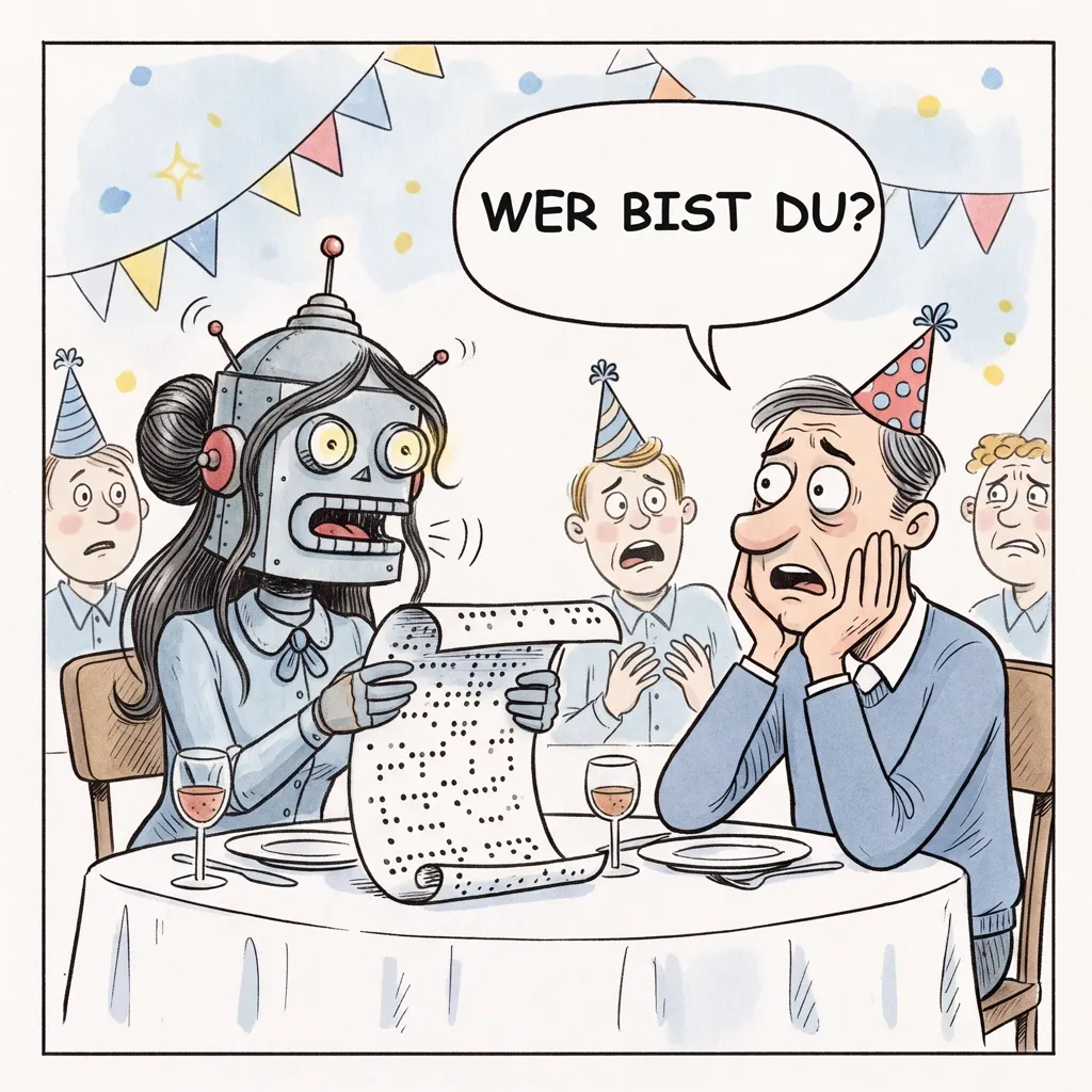 Karikatur: Eine Roboter-Ehefrau liest beim Geburtstagsfest eine Rede vom Endlospapier, der Ehemann fragt entsetzt „Wer bist du?“