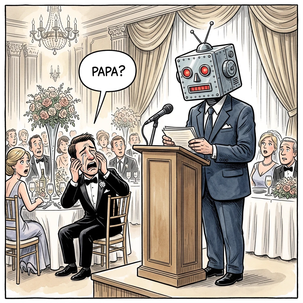 Karikatur: Ein Roboter hält als Vater des Bräutigams die Hochzeitsrede, der Bräutigam fragt entsetzt „Papa?“
