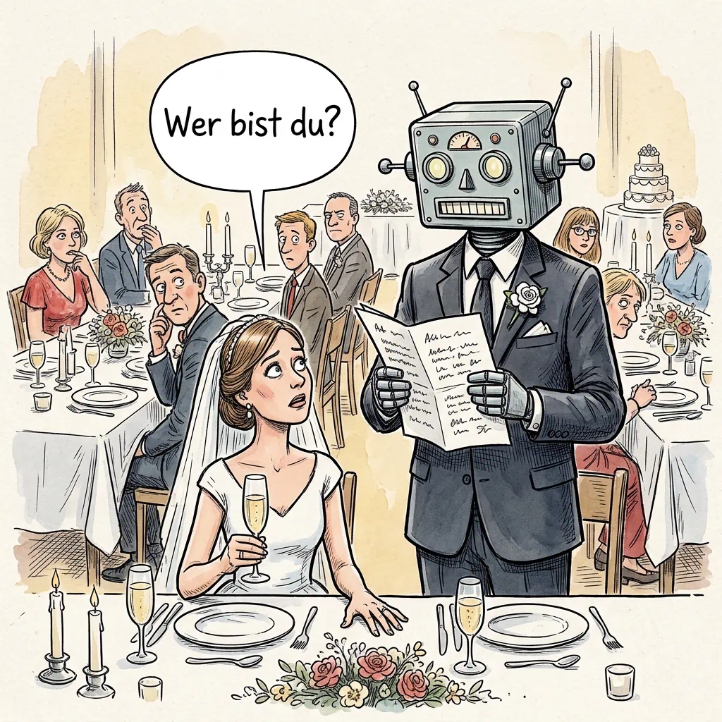 Karikatur: Ein Bräutigam mit Roboterkopf liest an der Hochzeitstafel eine Rede ab, die Braut fragt fassungslos „Wer bist du?“