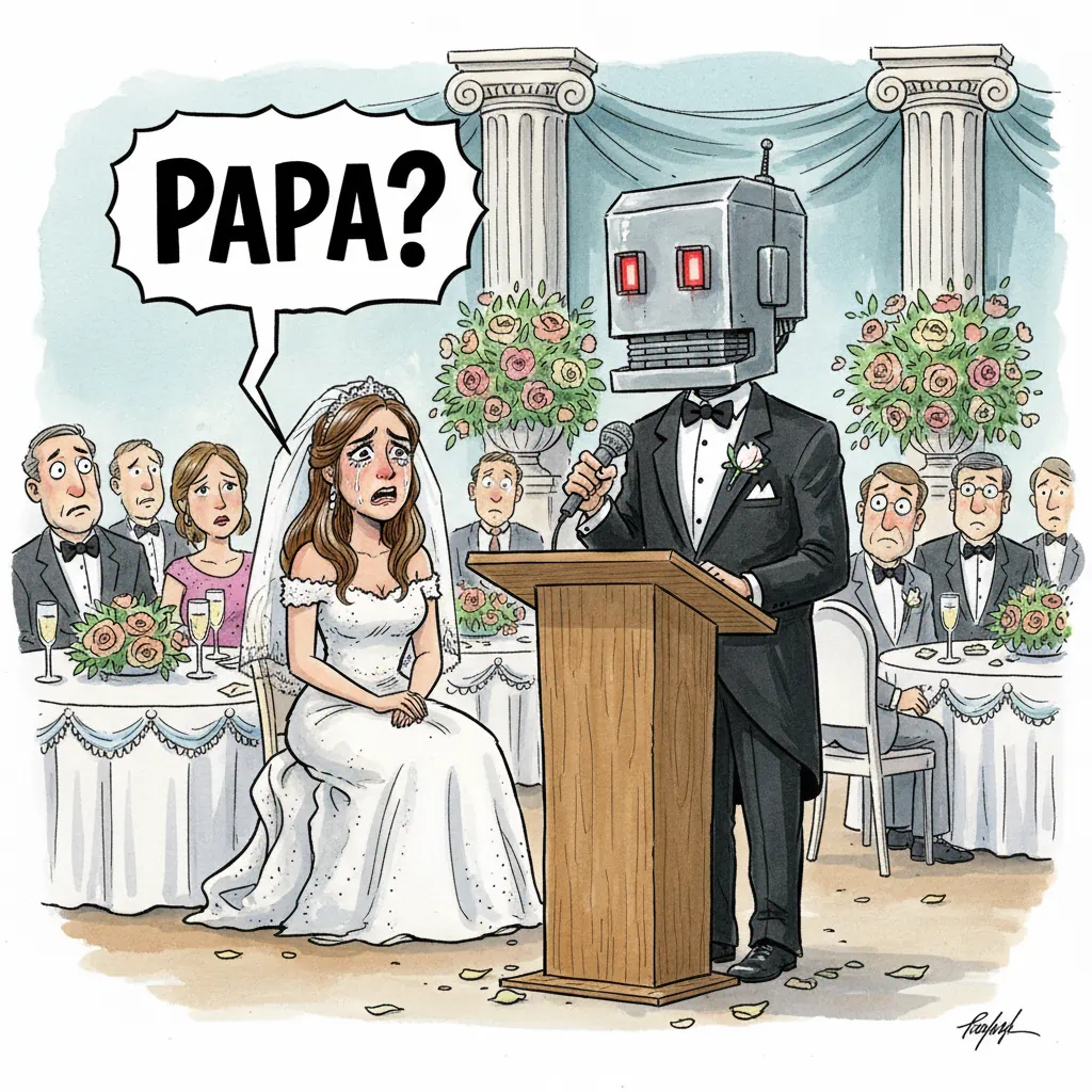 Karikatur: Ein Roboter hält als Brautvater die Hochzeitsrede, die Braut fragt entsetzt „Papa?“