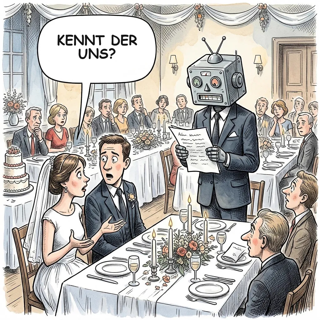 Karikatur: Ein Hochzeitsgast mit Roboterkopf liest an der Festtafel eine Rede ab, die Braut fragt den Bräutigam fassungslos „Kennt der uns?“