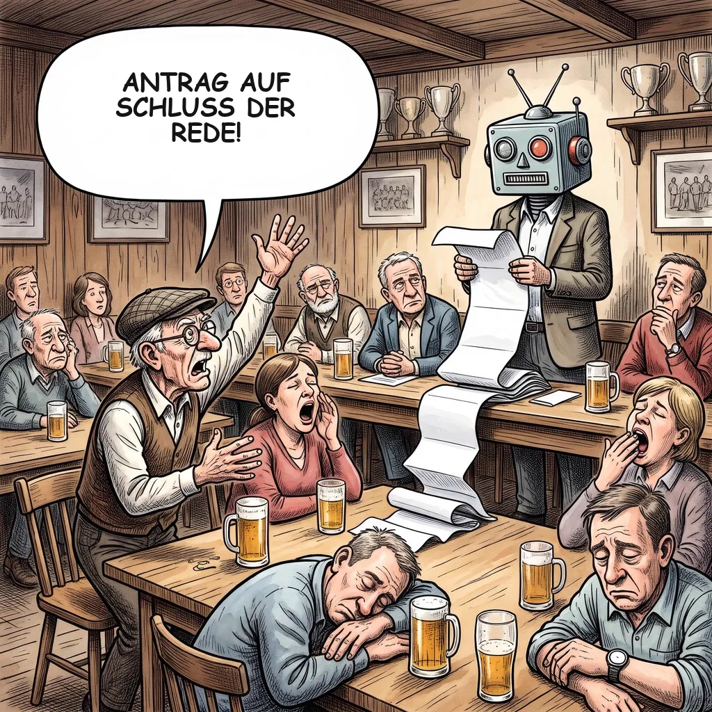 Karikatur: Ein Vorsitzender mit Roboterkopf liest im Vereinsheim eine endlose Rede ab, ein altes Mitglied ruft „Antrag auf Schluss der Rede!“
