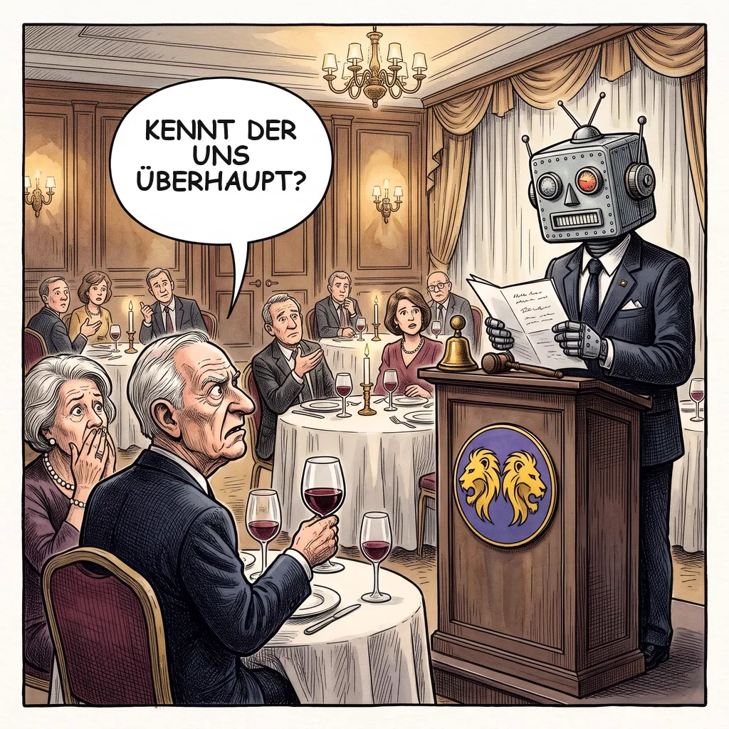 Karikatur: Ein Clubpräsident mit Roboterkopf liest am Pult Floskeln ab, der scheidende Präsident fragt entgeistert „Kennt der uns überhaupt?“