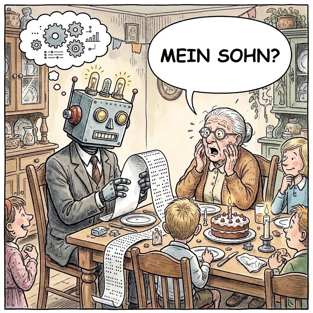 Karikatur: Ein Roboter liest am Geburtstagstisch eine Rede vom Endlospapier, die neunzigjährige Mutter fragt entsetzt „Mein Sohn?“