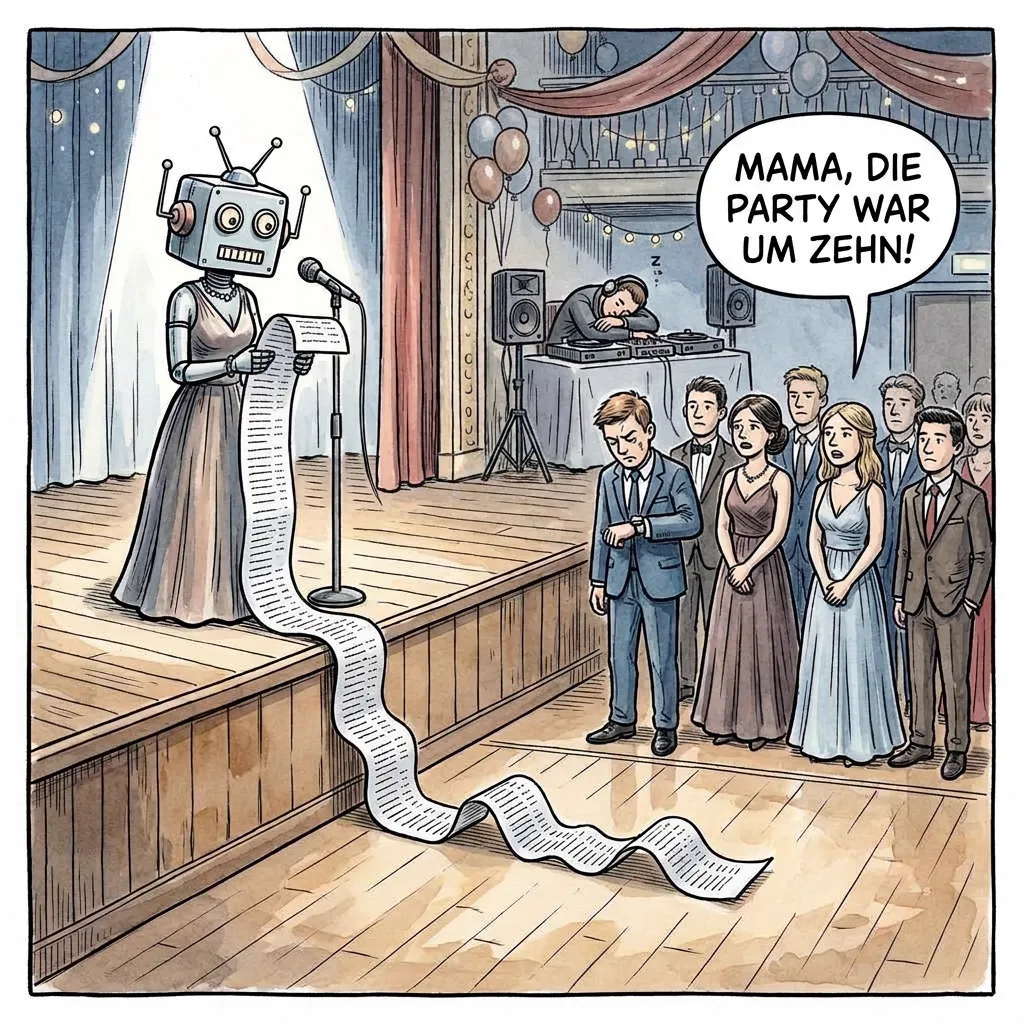 Karikatur: Eine Mutter mit Roboterkopf liest beim Abiball von einer endlosen Papierrolle, der DJ schläft, eine Abiturientin ruft: „Mama, die Party war um zehn!“