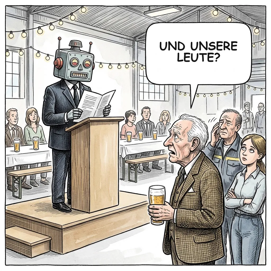 Karikatur: Ein Geschäftsführer mit Roboterkopf liest beim Firmenjubiläum Floskeln ab, der Firmengründer fragt entgeistert „Und unsere Leute?“