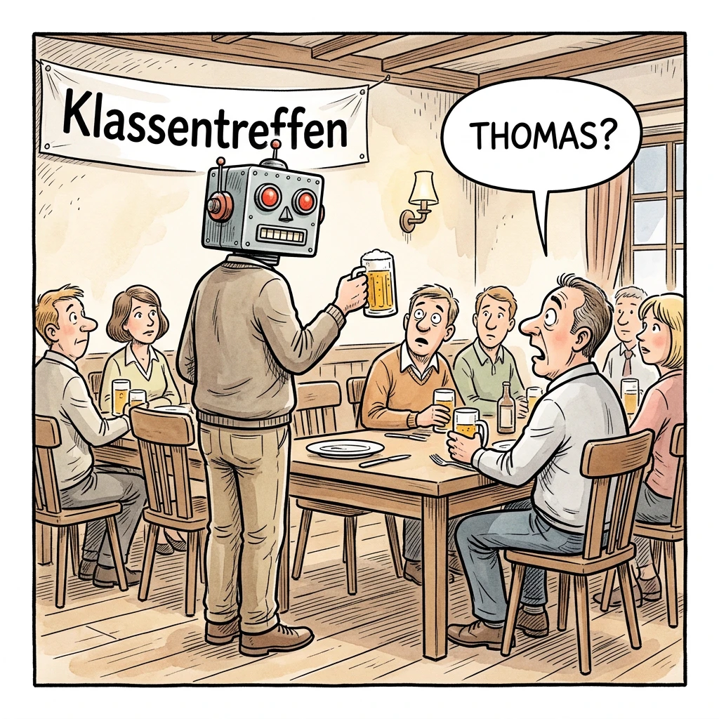Karikatur: Ein Roboter hält beim Klassentreffen die Begrüßungsrede, die Mitschüler fragen entsetzt „Thomas?“