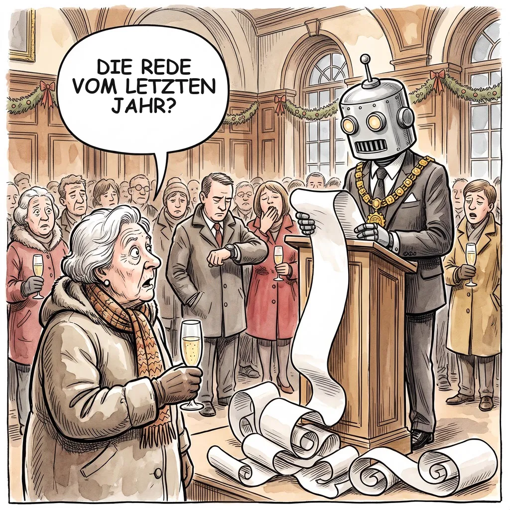 Karikatur: Ein Bürgermeister mit Roboterkopf liest beim Neujahrsempfang von einer endlosen Papierrolle ab, eine ältere Besucherin mit Sektglas fragt „Die Rede vom letzten Jahr?“