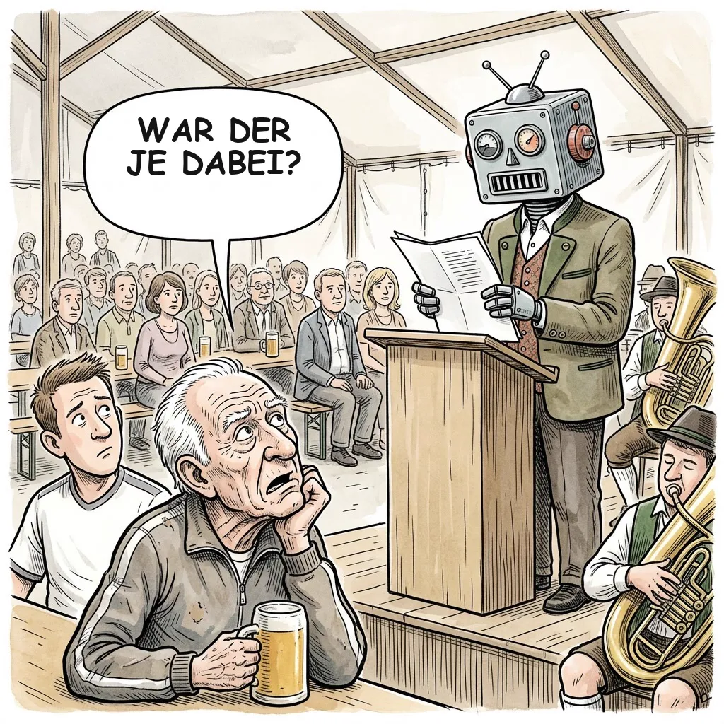 Karikatur: Ein Vereinsvorsitzender mit Roboterkopf liest im Festzelt Floskeln ab, das Gründungsmitglied fragt entgeistert „War der je dabei?“