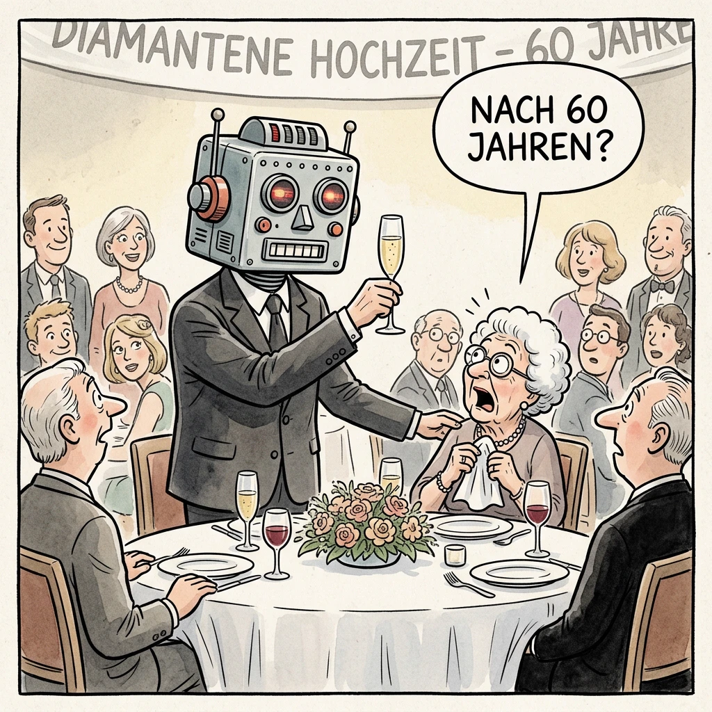 Karikatur: Ein Roboter hält die Rede zur Diamantenen Hochzeit, die Ehepartnerin fragt entsetzt „Nach 60 Jahren?“