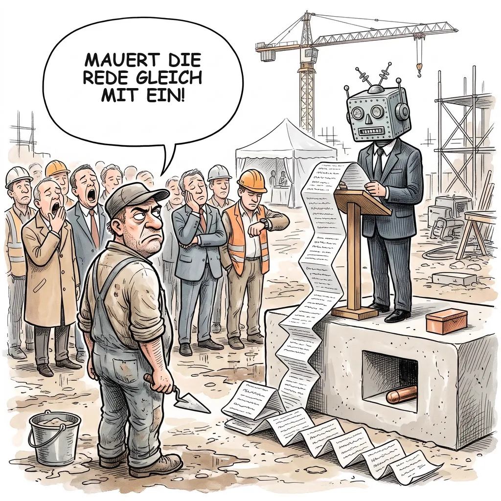 Karikatur: Ein Bauherr mit Roboterkopf liest am Grundstein eine Rede ab, ein Maurer mit Kelle stöhnt „Mauert die Rede gleich mit ein!“