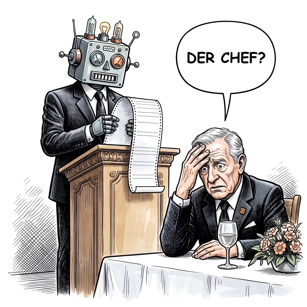 Karikatur: Ein Roboter liest am Rednerpult eine Jubilarrede vom Endlospapier, der langjährige Jubilar fragt fassungslos „Der Chef?“