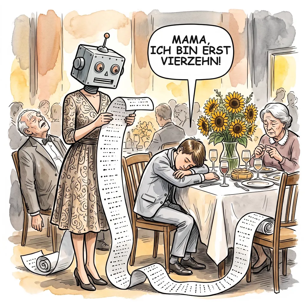 Karikatur: Eine Mutter mit Roboterkopf liest eine endlose Liste mit Ratschlägen vor, der Opa schläft, der Sohn legt den Kopf auf den Tisch: „Mama, ich bin erst vierzehn!“