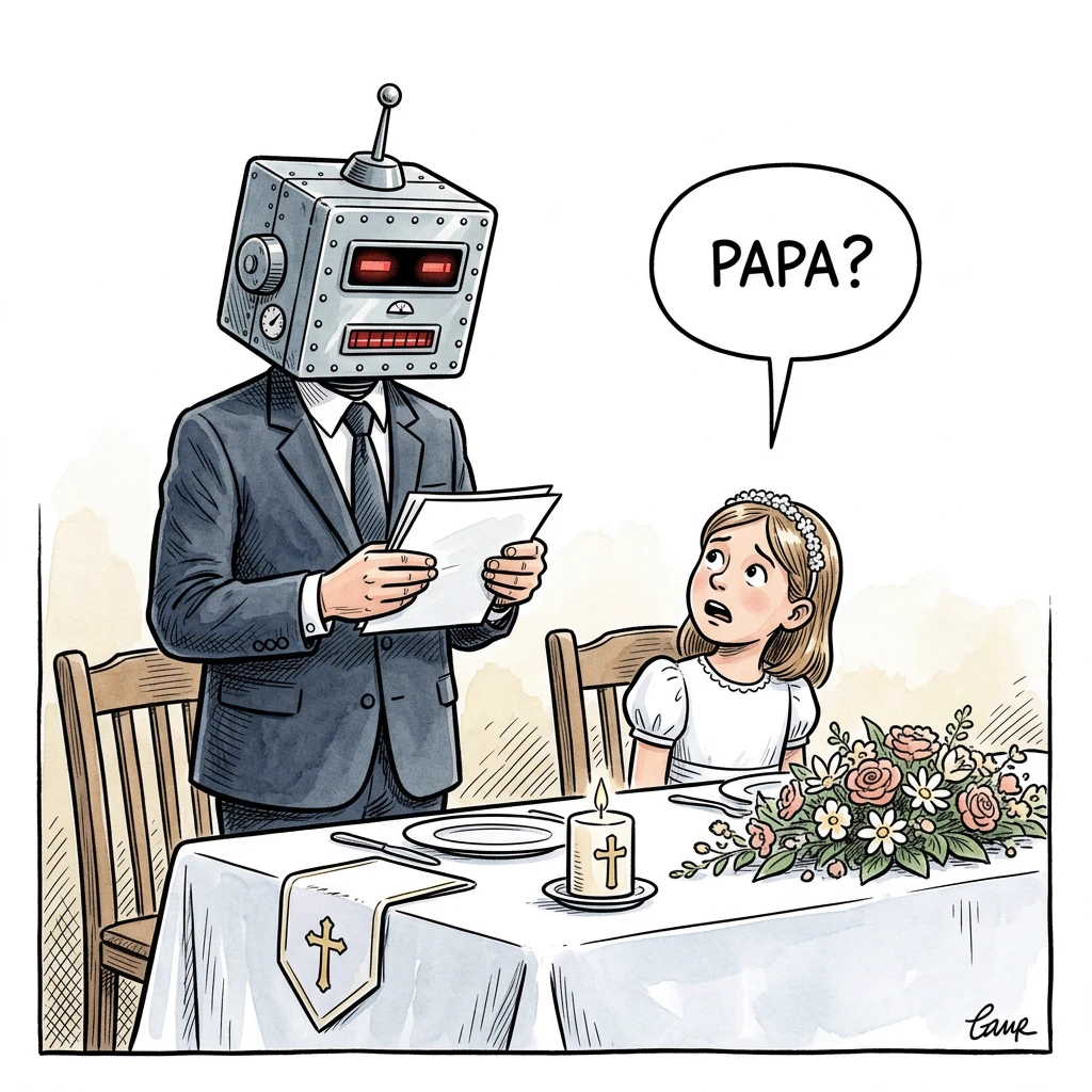 Karikatur: Ein Roboter hält als Vater die Rede zur Erstkommunion, das Kommunionkind fragt entsetzt „Papa?“