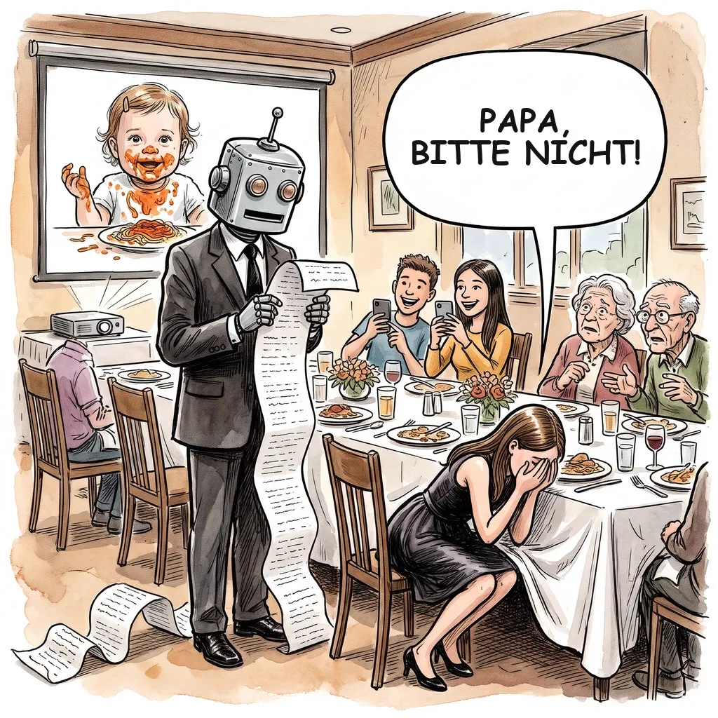 Karikatur: Ein Vater mit Roboterkopf liest von einer endlosen Papierrolle, hinter ihm ein Kleinkindfoto mit Spaghetti, die Konfirmandin verbirgt das Gesicht: „Papa, bitte nicht!“