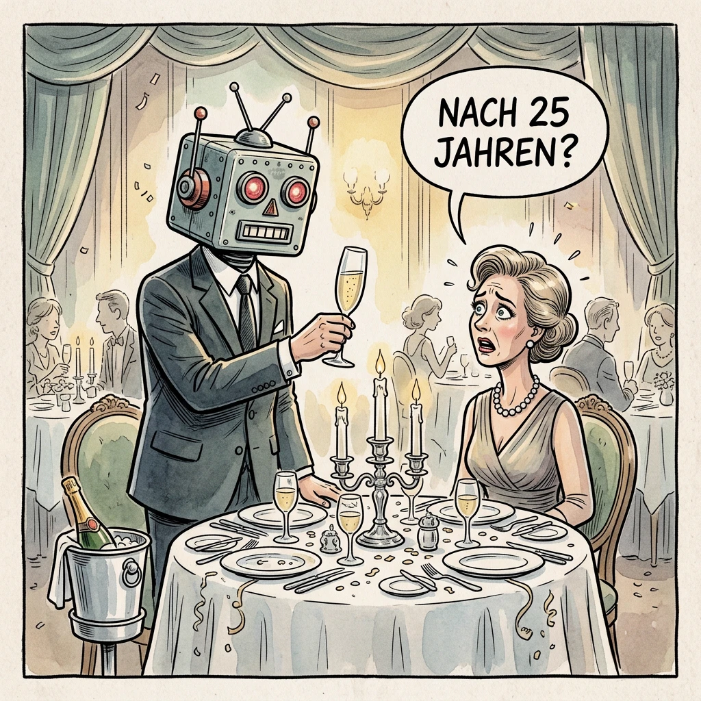 Karikatur: Ein Roboter hält die Rede zur Silberhochzeit, der Partner fragt entsetzt „Nach 25 Jahren?“