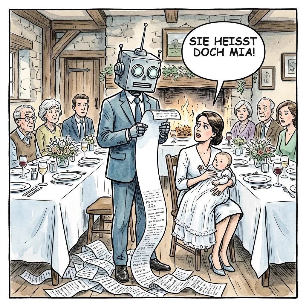 Karikatur: Ein Taufpate mit Roboterkopf liest an der Tauftafel von einer endlosen Papierrolle ab, die Mutter mit dem Baby im Arm ruft entsetzt „Sie heißt doch Mia!“