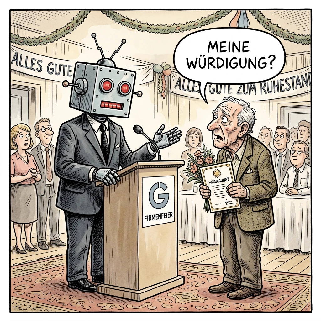 Karikatur: Ein Roboter hält als Chef die Rede zur Verabschiedung, der scheidende Kollege fragt entsetzt „Meine Würdigung?“