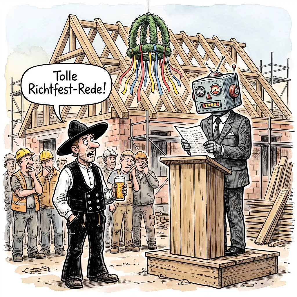 Karikatur: Ein Bauherr mit Roboterkopf liest am Bretterpult eine Richtfest-Rede ab, ein Zimmermann in Kluft spottet „Tolle Richtfest-Rede!“