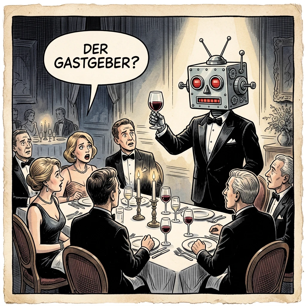 Karikatur: Ein Roboter hält als Gastgeber die Tischrede beim Festessen, die Gäste fragen entsetzt „Der Gastgeber?“