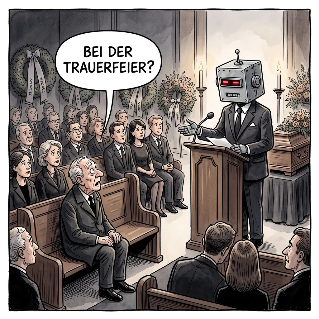 Karikatur: Ein Roboter hält als Geschäftsführer die Trauerrede für einen Mitarbeiter, die Trauergäste fragen betreten „Bei der Trauerfeier?“