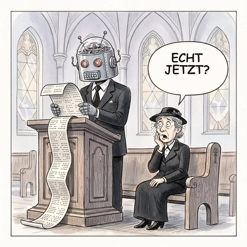 Karikatur: Ein Roboter liest in der Kirche eine endlose Papierrolle als Trauerrede vor, eine ältere Trauernde fragt fassungslos „Echt jetzt?“