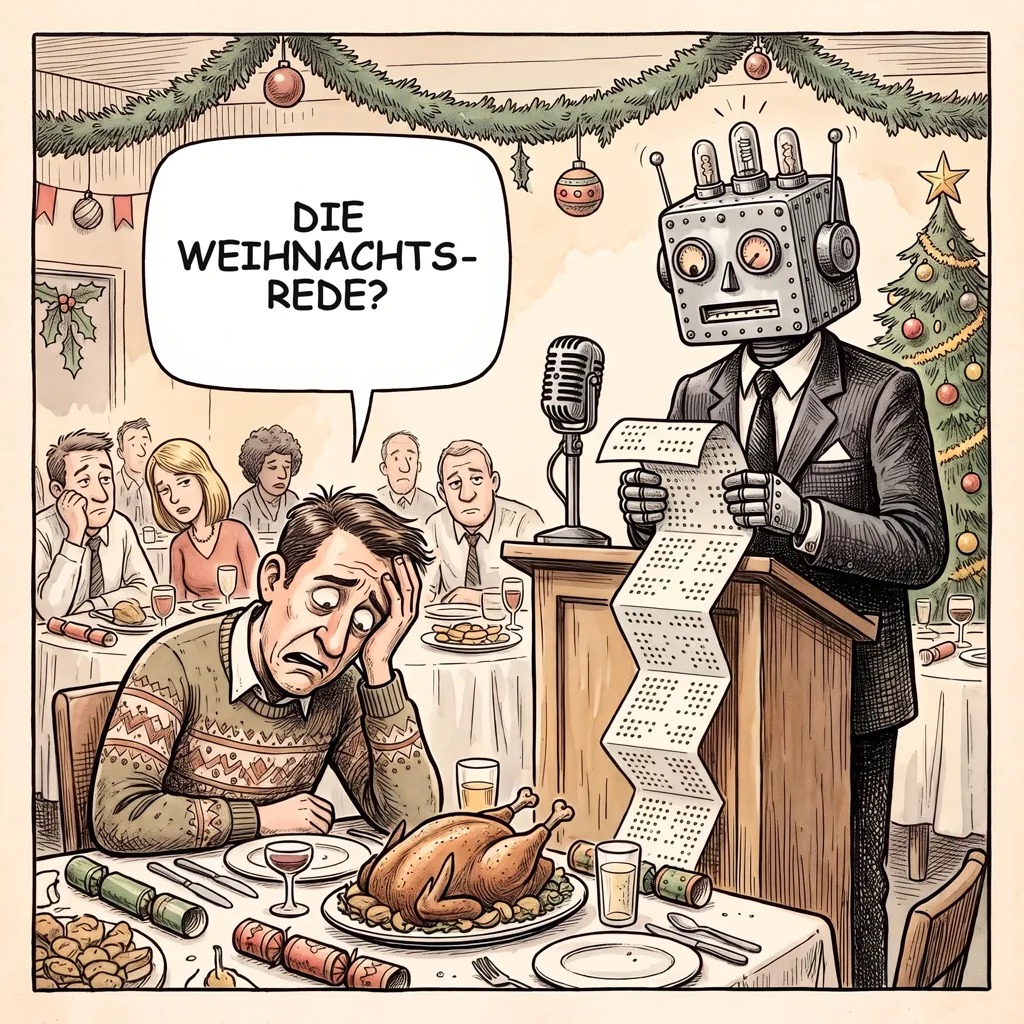 Karikatur: Ein Roboter hält am Rednerpult die Weihnachtsrede, ein Gast am Festtisch fragt entsetzt „Die Weihnachtsrede?“