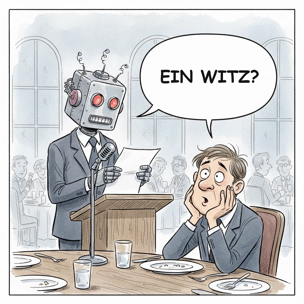 Karikatur: Ein Roboter liest am Rednerpult eine lustige Rede vor, ein Gast fragt ratlos „Ein Witz?“