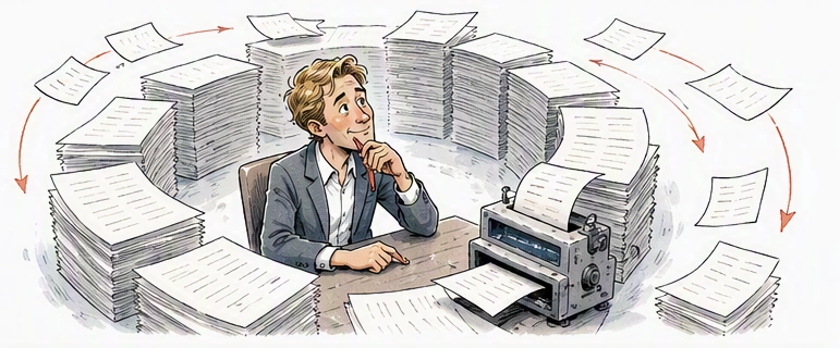 Karikatur zur Optimierungsfalle beim Schreiben mit KI