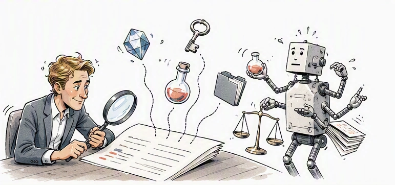 Karikatur zur Prüfung von Substanz und Sicherheit einer KI-Rede